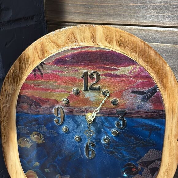 Hawaiian Sunset Ocean Scene Wall Clock with Wooden Frame - Picture 2 of 6
